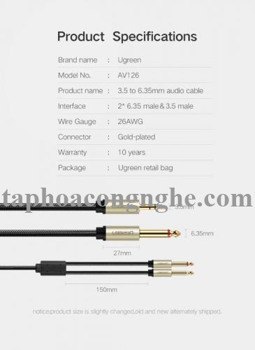 Ugreen 40796 10M Màu Đen Cáp âm thanh 2 đầu 6.5mm dương sang 3.5mm dương cao cấp AV126 30040796